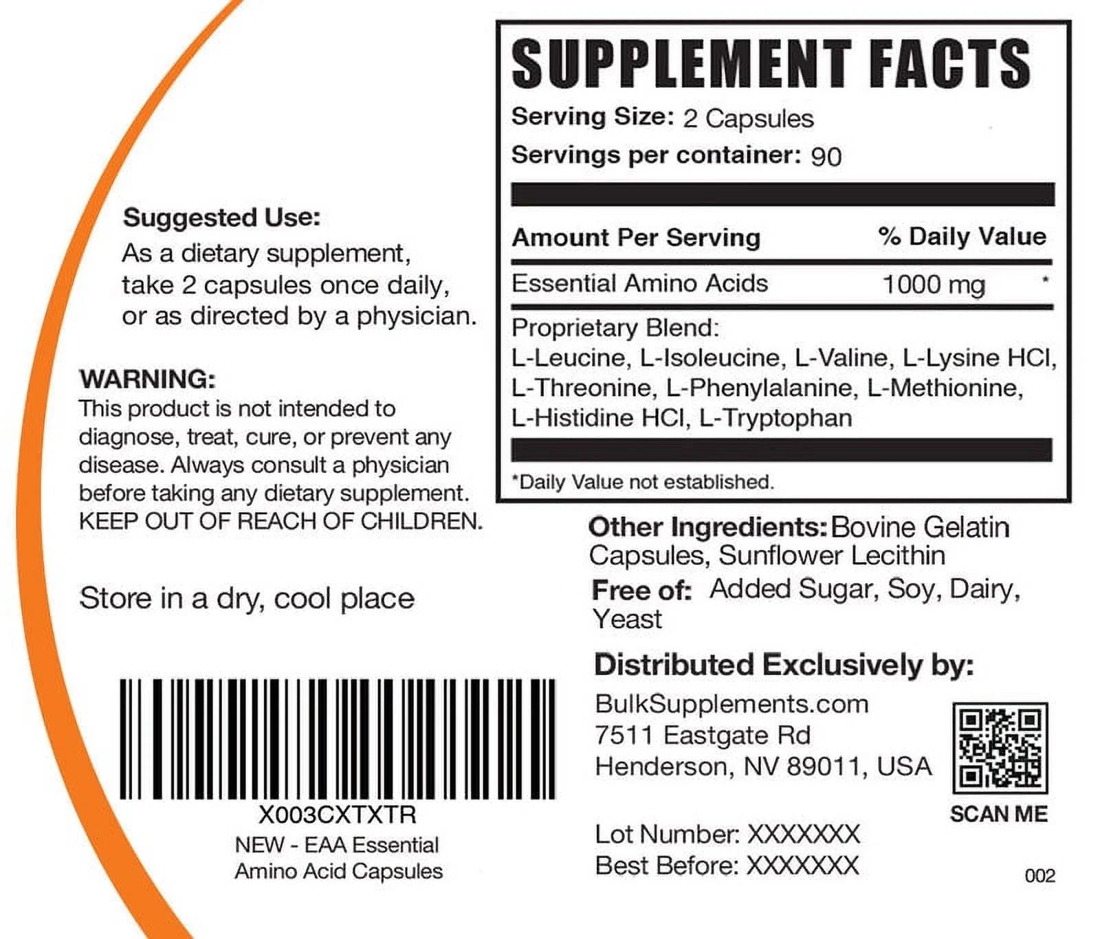 Bulksupplements Essential Amino Acids Capsules (EAA) - 1000Mg per Serving (180 Capsules - 90 Servings)