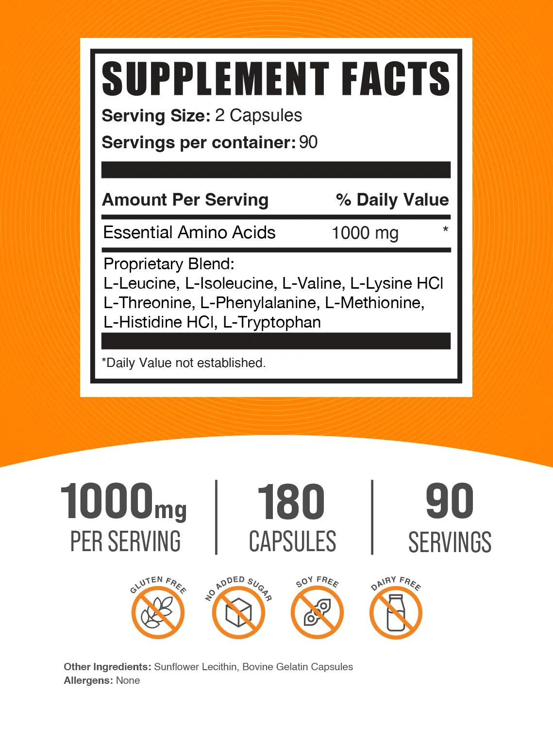 Bulksupplements Essential Amino Acids Capsules (EAA) - 1000Mg per Serving (180 Capsules - 90 Servings)