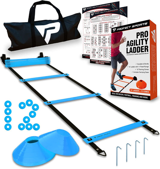 Pro Agility Ladder and Cones - Speed and Agility Training Set with 15 Ft Fixed-Rung Ladder & 12 Cones for ALL Sports & Footwork Drills - Includes Heavy Duty Carry Bag