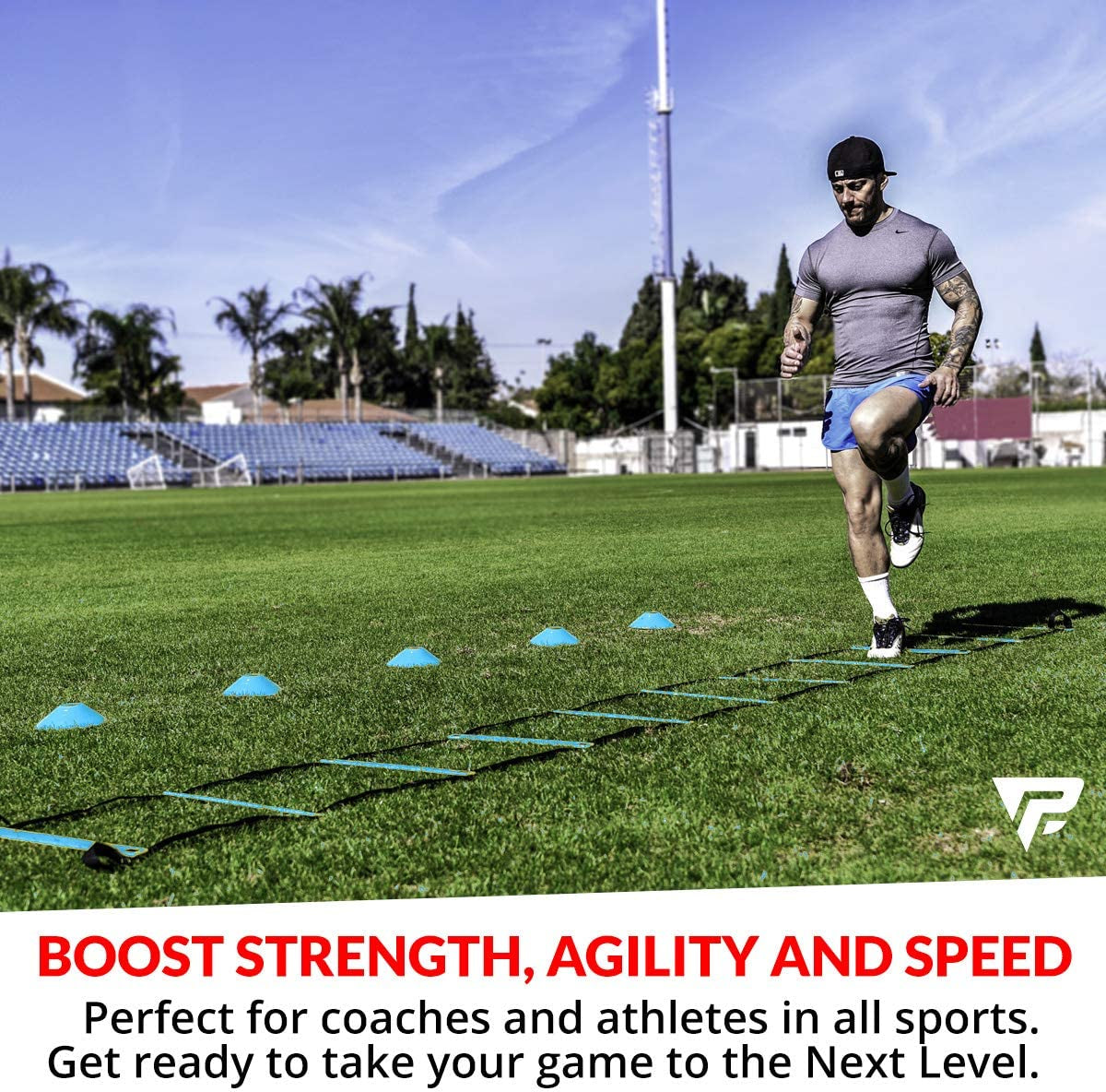 Pro Agility Ladder and Cones - Speed and Agility Training Set with 15 Ft Fixed-Rung Ladder & 12 Cones for ALL Sports & Footwork Drills - Includes Heavy Duty Carry Bag